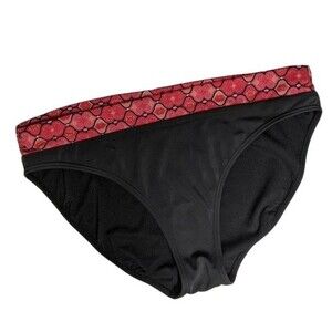Jantzen Bikini Bottom Women Size 12 Mid Rise Black Red Band Metal Buckle Logo
